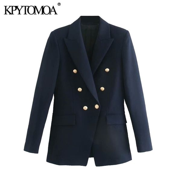 KPYTOMOA Frauen Mode Mit Metall Tasten Blazer Mantel Vintage Langarm Zurück Vents Weibliche Oberbekleidung Chic Tops 211116