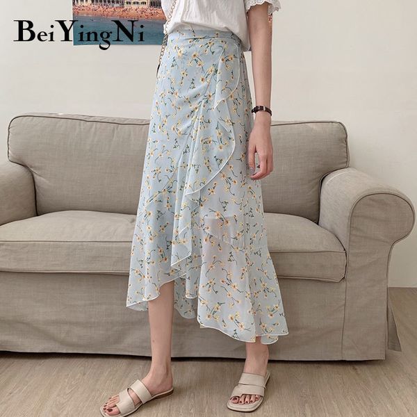 

summer fresh skirts for women cute casual korean irregular floral printed midi skirt high waist faldas chiffon 210427, Black