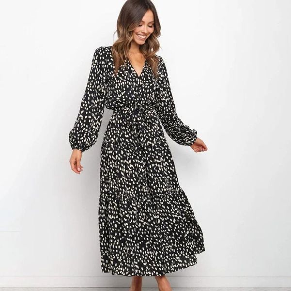 

casual dresses autumn leopard print loose big hem maxi women 2021 v-neck long sleeve sashes ruffles dress woman boho, Black;gray