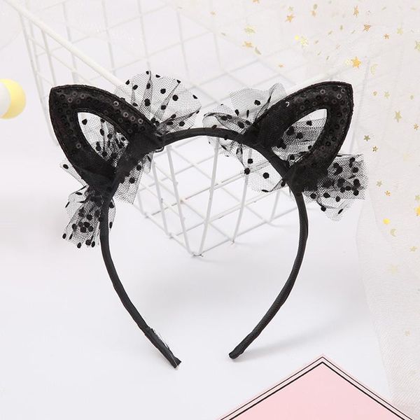 

hair accessories cute shiny sequins lace cat ears headband for girl kid hairband women children party costume headwear, Slivery;white