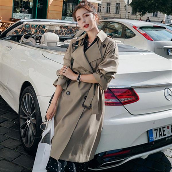 

women's trench coats 2021 spring autumn long coat women korean thin double breasted classic windbreaker overcoat loose outwear g313, Tan;black