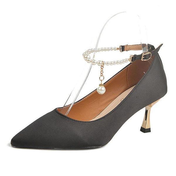 

sandals autumn and summer elegant solid color high-heeled shoes womens fashion pearl wedding french stilettos, Black