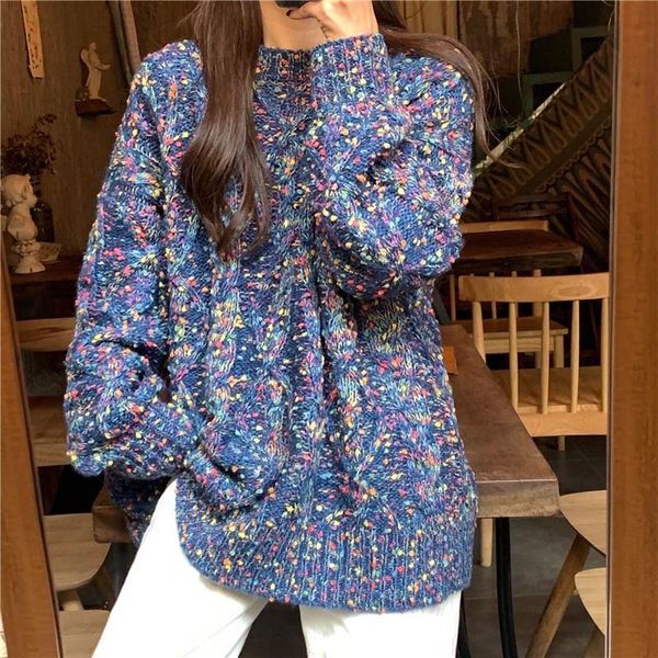 

women's sweaters women autumn winter fashion long sleeve knitted loose pullovers cute round neck colorful dot stitch sweater white pink, White;black