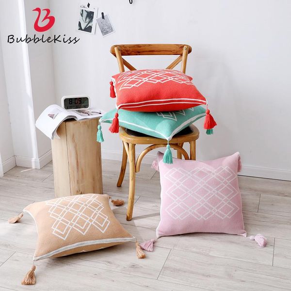 

bubble kiss pink knitted cushion cover tassel design sofa throw pillow geometric pattern anti-pilling case 2021 cushion/decorative