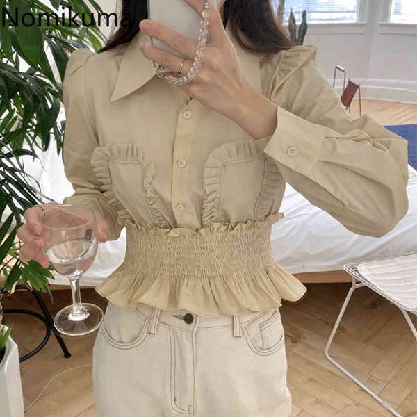 

nomikuma blouse women korean ruffle patchwork elegant blusas slim waist short elegant spring puff sleeve shirt 6f711 210427, White