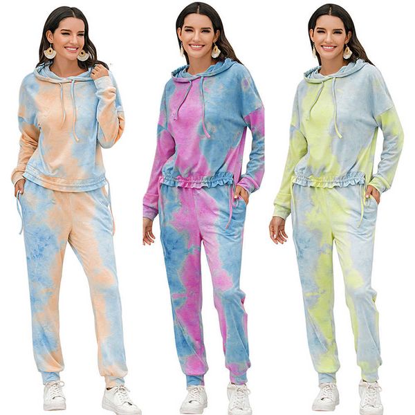 

women's sweaters autumn winter drawstring hooded long sleeve tie dye casual sports 2 piece sets female loose lace up +long pant tracksu, White;black