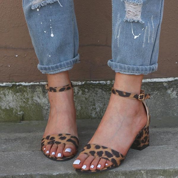 

plus size gladiator sandals women high square heels ankle strap summer shoes woman fashion leopard sandalias mujer, Black