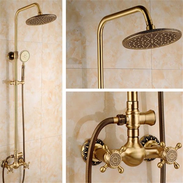 

bathroom shower faucet set & cold antique brass carved bathtub mixer tap wall mount with handheld 10 inch spray sets
