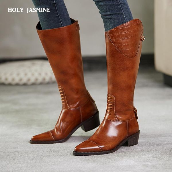 

boots retro western cowboy for women pointed toe women's shoes brand embossing genuine leather knee high chunky square heel boot, Black