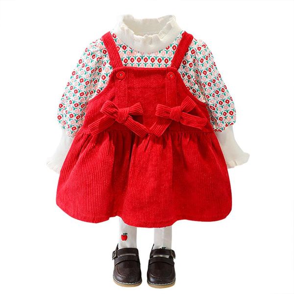 

girl's dresses 2021 girls round neck flower princess dress korean girl baby corduroy sling set bow birthday party two-piece, Red;yellow