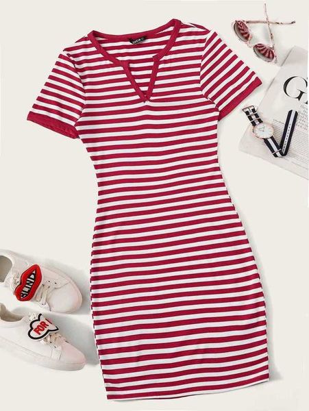 

striped split neck mini dress she, Black;gray