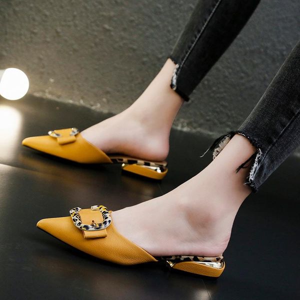 

designer flat bottom leopard pu leather pointed toe slipper 2021 women baotou thick heel outside slippers summer slides shoes, Black