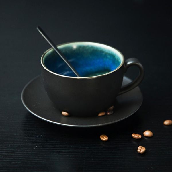 

cups & saucers blue black luxury ceramic coffee cup and saucer set creative cappuccino filizanki do kawy mug bd50cs