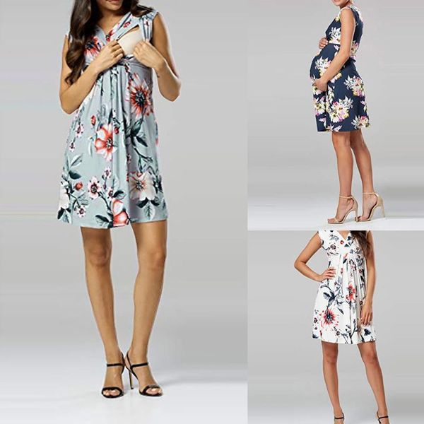 

maternity dresses women sleeveless pregnant dress flower nursing pregnancy casual mother breastfeeding vestidos, White