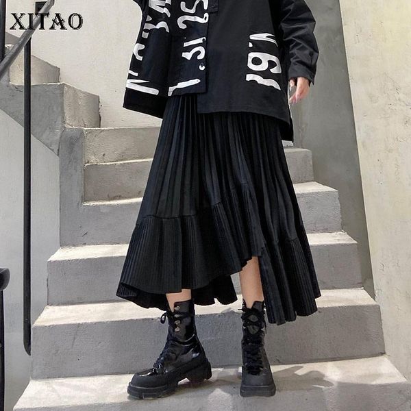 

skirts xitao pleated women skirt small fresh elastic waist irregular patchwork minority loose elegant casual fashion gcc3292, Black
