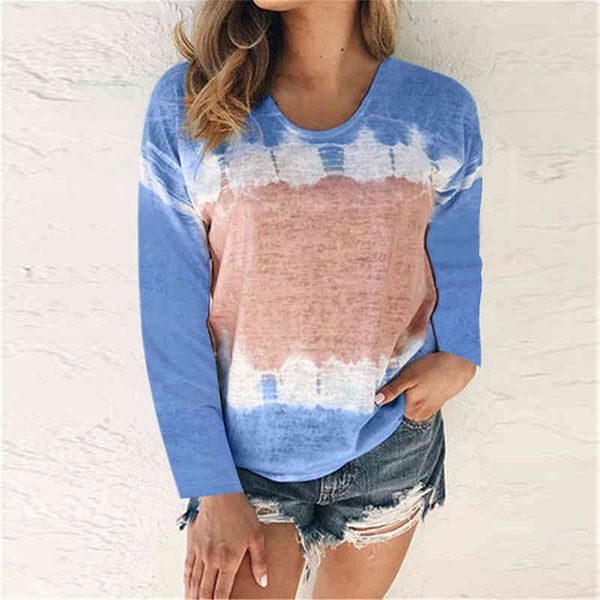 

tie-dyed print women's t-shirts casual loose t shirt round neck long sleeve tee shirt autumn gradient plus size female tees 210507, White