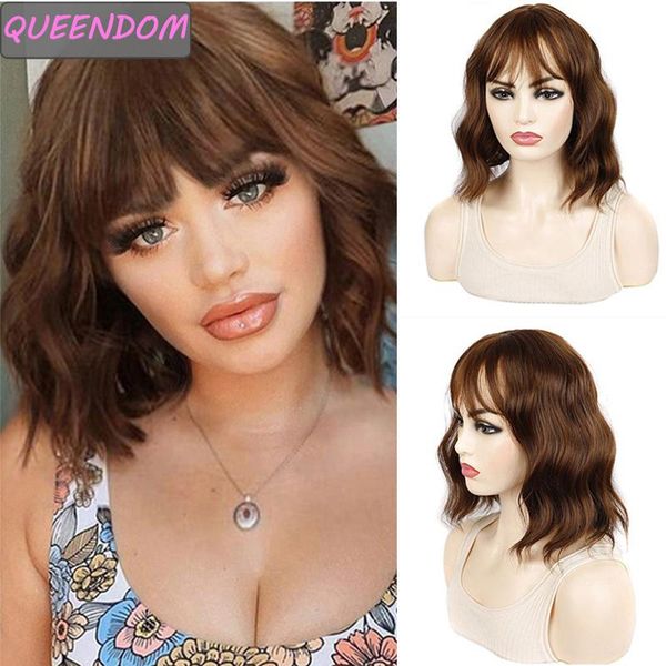 

synthetic short bob wigs black brown wavy with bangs natural water wave hair wig medium length party cosplay lolita