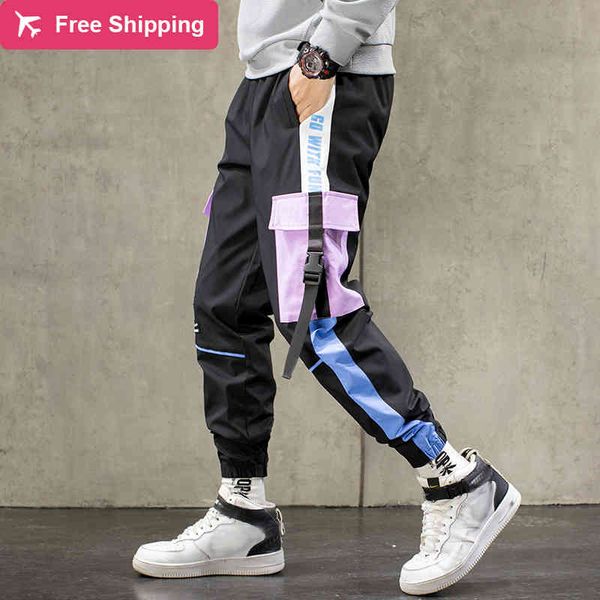 

big cargo pockets men's black ribbons hip pants streetwear male fashion corridors