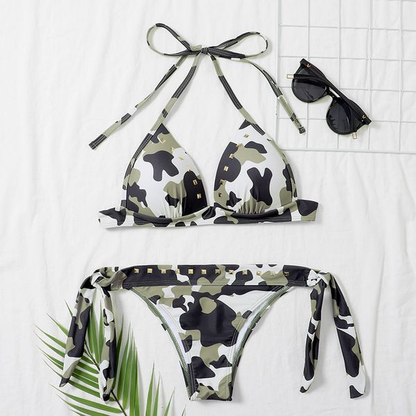 

swimwear 2021 bikini women's suspender printing metal hard bag camouflage, White;black