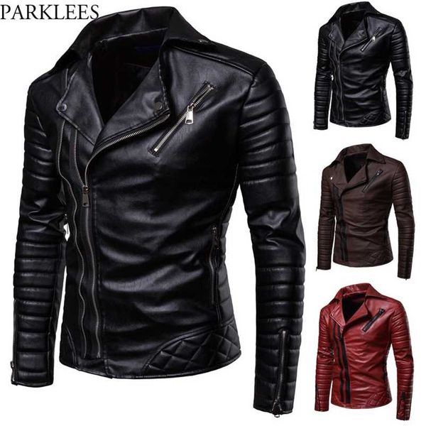 

obique zipper motorcycle leather jacket men stylish striped winter windproof casaco masculino pu leather jackets coats mens 211111, Black