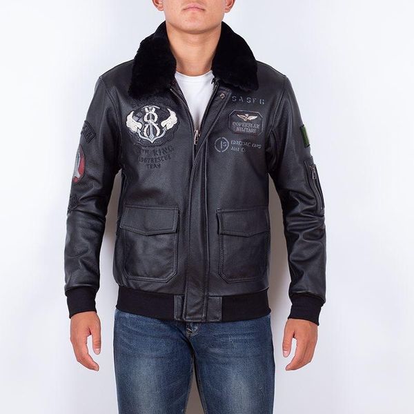 

men's leather & faux 2022 autumn and winter flight suit first layer cowhide jacket embroidered slim fit short coat, Black