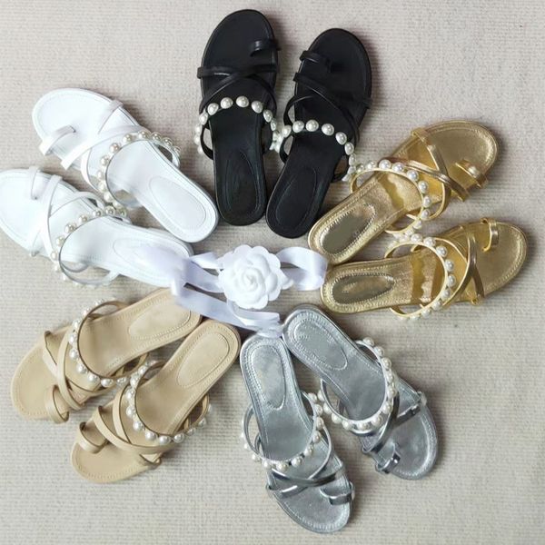 

fashion women's sandals, summer chain pearl slippers, leather soles, Black