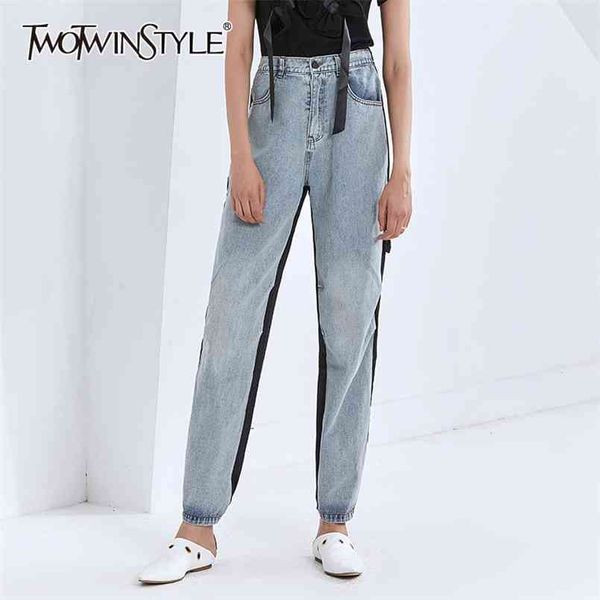 

patchwork hole jean for women high waist straight streetwear casual wide leg pants female autumn 210521, Blue