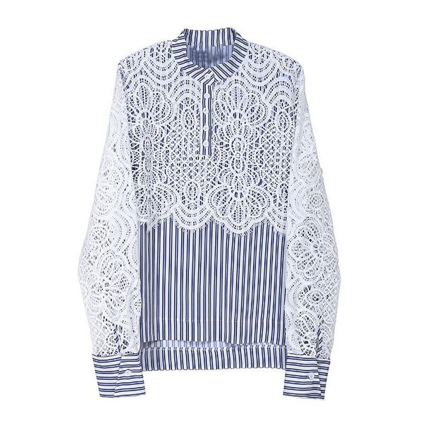 

women's blouses & shirts summer autumn hollow lace floral shirt women striped loose straight oversize pullover casual patchwork female, White