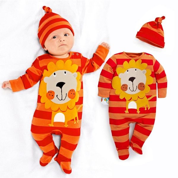 Stripe Lion Cute Baby Boys Vestiti Pagliaccetti appena nati Set di cappelli Orange Bebe Pigiama Suit Tuta senza piede 210413