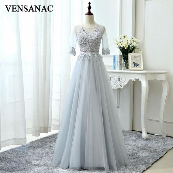 

party dresses vensanac 2021 illusion o neck appliques a line long evening lace half sleeve sash backless prom gowns, White;black