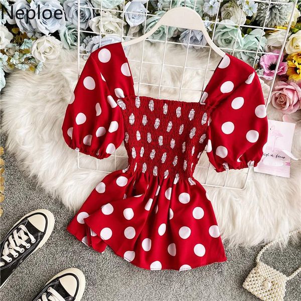 

women's blouses & shirts neploe korean polka dot women blouse puff short sleeve square collar 2021 summer stretch slim waist ruffle blu, White