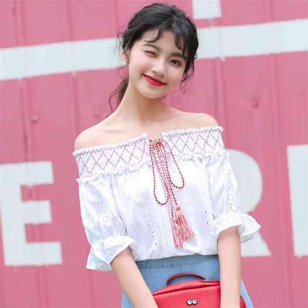 

arrival summer korea fashion sweet short sleeve women shirt 100% cotton slash neck hollow out white blouse s166 210512