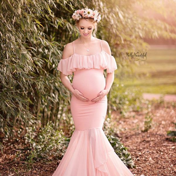 

maternity dresses for po shoot plus size dress women elegant ruffle pregnancy gown fashion bag hip pography long skirts, White
