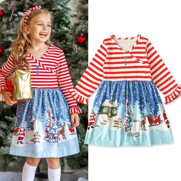 

girl's dresses christmas baby dress santa striped patchwork kids girls princess long sleeve toddler vestidos year party clothes, Red;yellow