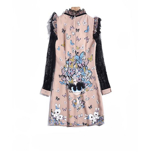 

spring fashion butterfly print ribbons stylish sweet lady cartoon robe femme dress feminine, Black;gray