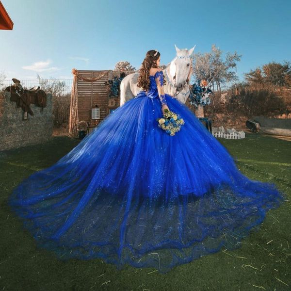 Dantel Nakış Kapalı Omuz Quinceanera Elbiseler Uzun Kollu Boncuklu Tatlı 16 Balo Kıyafeti Glitter Tül Vestidos De 15 Años