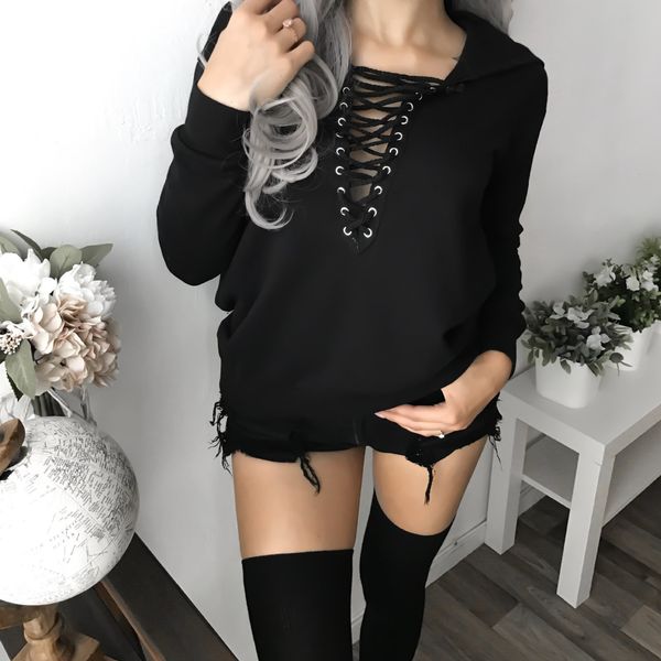 

women's hoodies & sweatshirts harajuku casual coat with hat lace up pullover loose women autumn female sweatshirt v-neck kpop vogue bla, Black