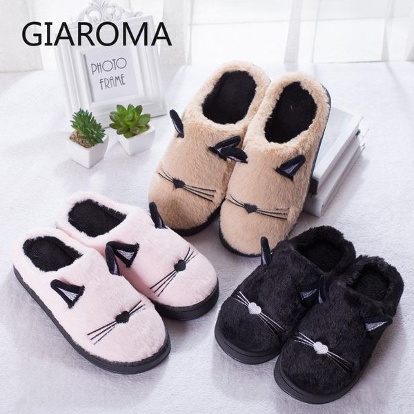 

slippers fur slides home women winter house shoes ladies indoor mules designer furry fluffy cat pattern 38-41, Black