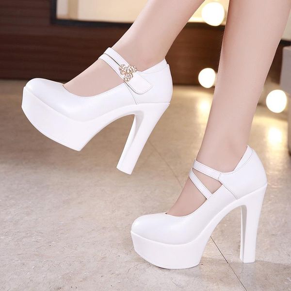 

dress shoes 13cm buckle block heels leather pumps women platform 2021 high elegant wedding white office shoe 42 43, Black