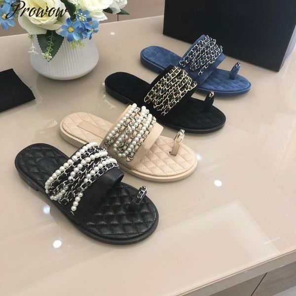

prowow woman thong slippers metal chain pearls flat sandals genuine leather designer women shoes femmes sandales, Black