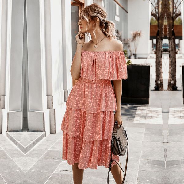 

dresses 2021 new ladies cascading ruffle dot print summer off the shoulder women elegant high wasit knee-length, Black;gray