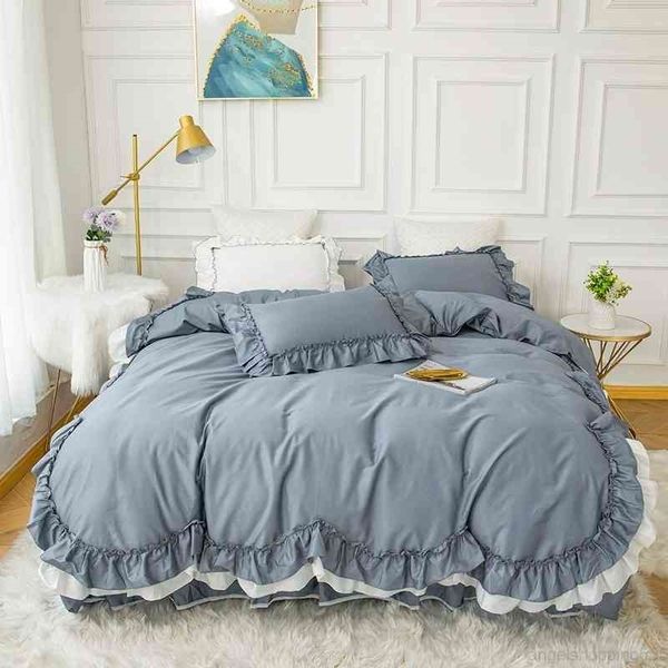 

double layers ruffles blue white bedding set for girls 4/6pcs 100%cotton soft premium zipper duvet cover bed skirt pillowcases