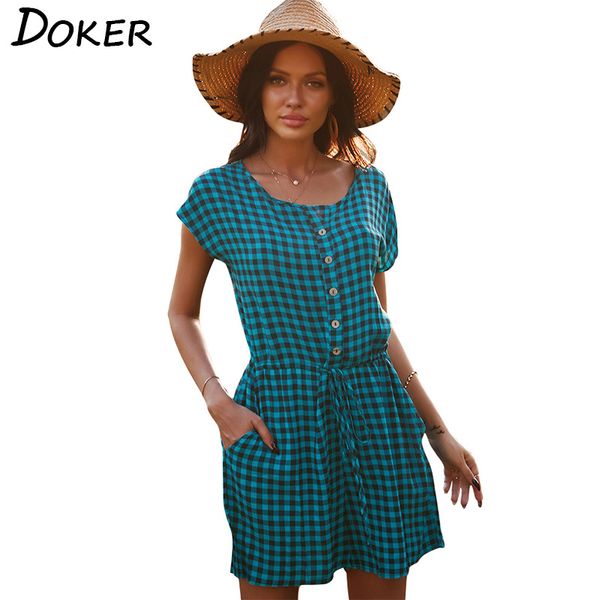

plaid printing classic short sleeve o neck summer dress women buttons bandage pocket high waist ladies mini dresses 210423, Black;gray