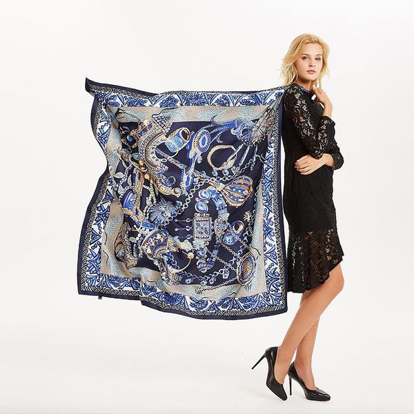 

scarves 130*130cm silk silverware luxurious women foulard square hijab scarf ladies shawl wrap muffler pareo female, Blue;gray