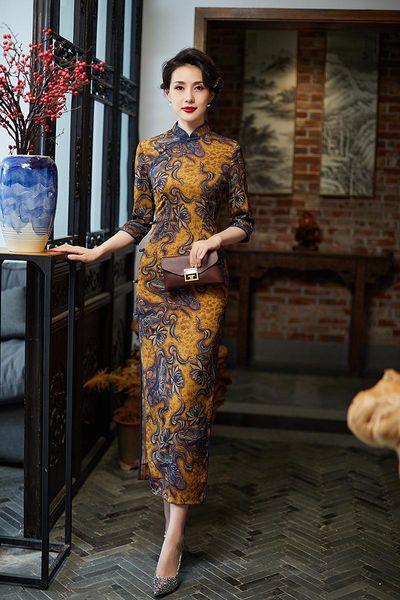 

ethnic clothing vintage half sleeve slim qipao female classic floral printed mandarin collar cheongsams elegant side slit chinese dress gown, Red