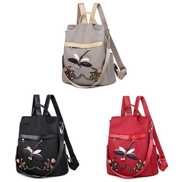 

school bags 3d dragonfly embroidered anti-theft ladies backpack nylon student casual outdoor travel bag