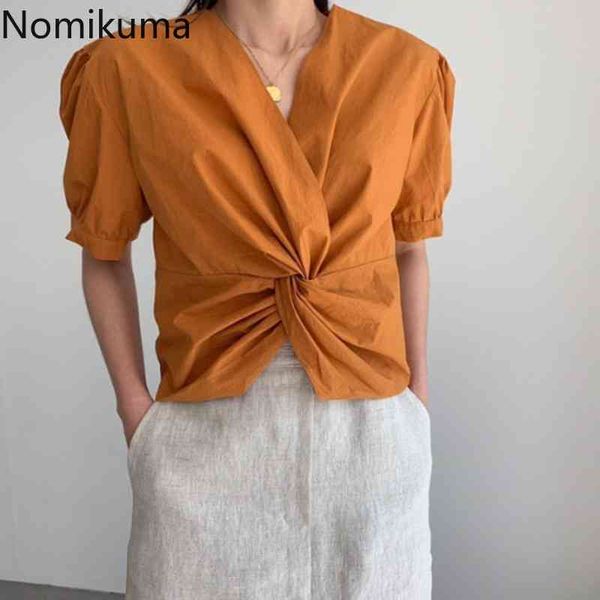 

nomikuma korean chic shirts women v neck short sleeve crop solid color slim waist cross design all-match blouse chemises 210514, White