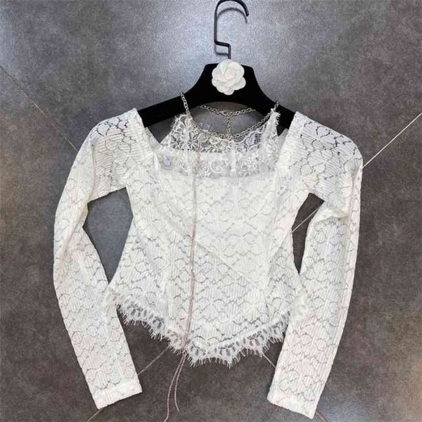 

women tassel lace temperament shirt long sleeve square collar chain diamond fashion spring summer 11b092 210525, White