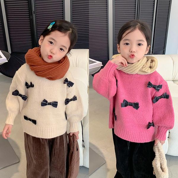

pullover children's sweater fashion bow 2021 korean autumn winter solid color round neck girl sweet cute knitting, Blue