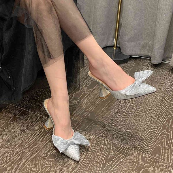 

sandals summer women slippers mules pointed toe crystal diamond high heels fashion party shoes spike heel pumps green kac1, Black